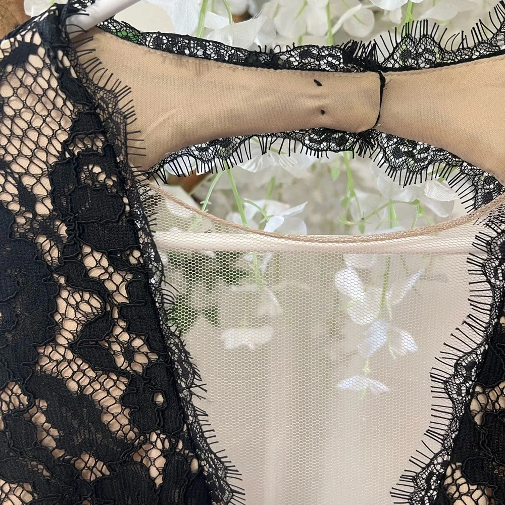 Aidan by Aidan Mattox Cap Sleeve Lace Cocktail Dress with Feather Trim in Black - Picture 11 of 15